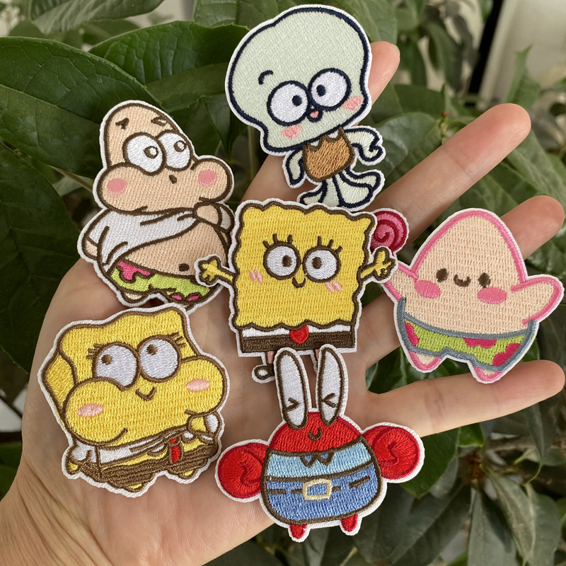 Embroidery Patches - SpongeBob Schwammkopf, selbstklebender Cartoon-Stickaufnäher, zum Aufnähen,