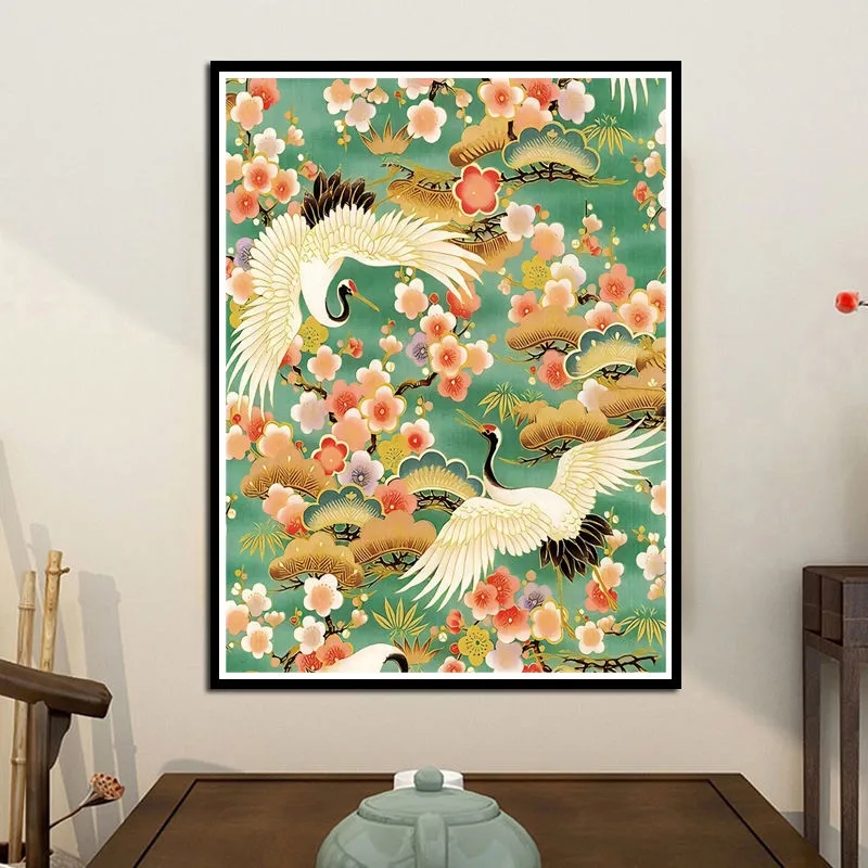 Embroidery Vs Cross Stitch - DIY-Kreuzstich-Komplettset, bedruckter Stoff, rotgekrönter Kranich, Gemälde,