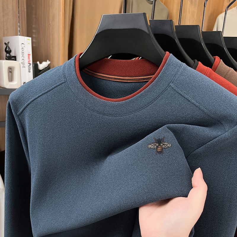 Embroidery Tshirt - Herbst-Winter-Herren-T-Shirt mit Rundhalsausschnitt und Stickerei, einfarbig,