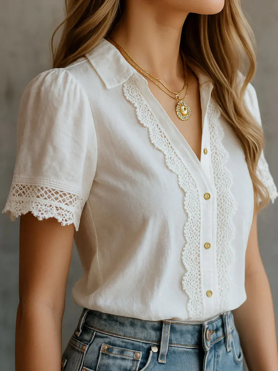 Embroidery Uniforms - Elegante Damenblusen, lässig, einfarbig, mit Revers,