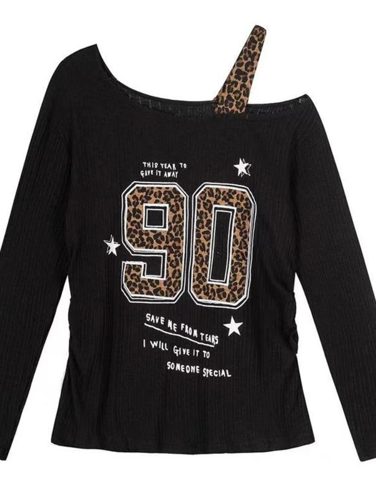 Embroidery Tshirt - Y2K Patchwork Leopardenmuster T-Shirt Damen Locker