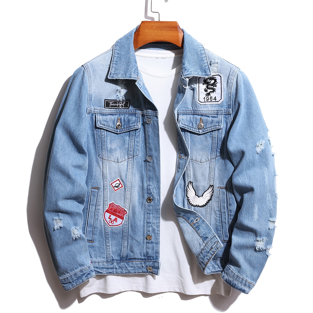 Embroidery Patches - Vintage Herren Zerrissene Baggy Winter-Jeansjacke mit