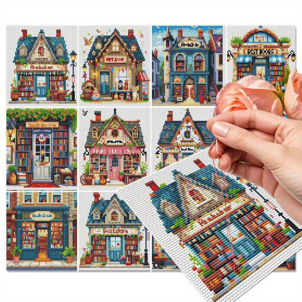 Embroidery Vs Cross Stitch - 12-teiliges Kreuzstich-Set, Hauslandschaft, 11 CT, Leinwand-Stickset,