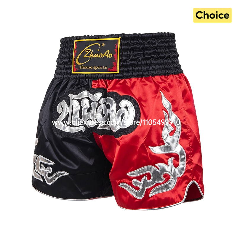 Embroidery Artist - Schwarz-Rote Muay Thai Shorts Satin Boxshorts