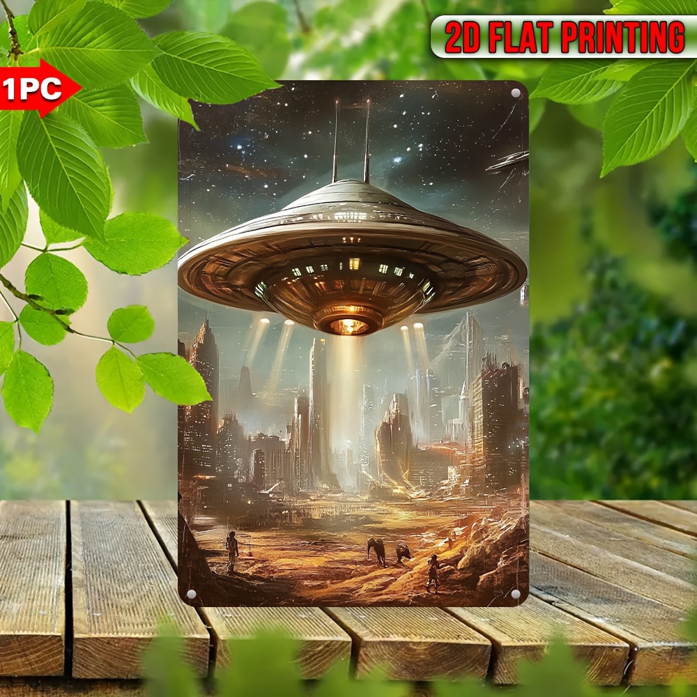 Embroidery Water - Vintage-Metallschild - Alien-UFO, futuristische Stadtlandschaft, Eisen-Wandkunst,