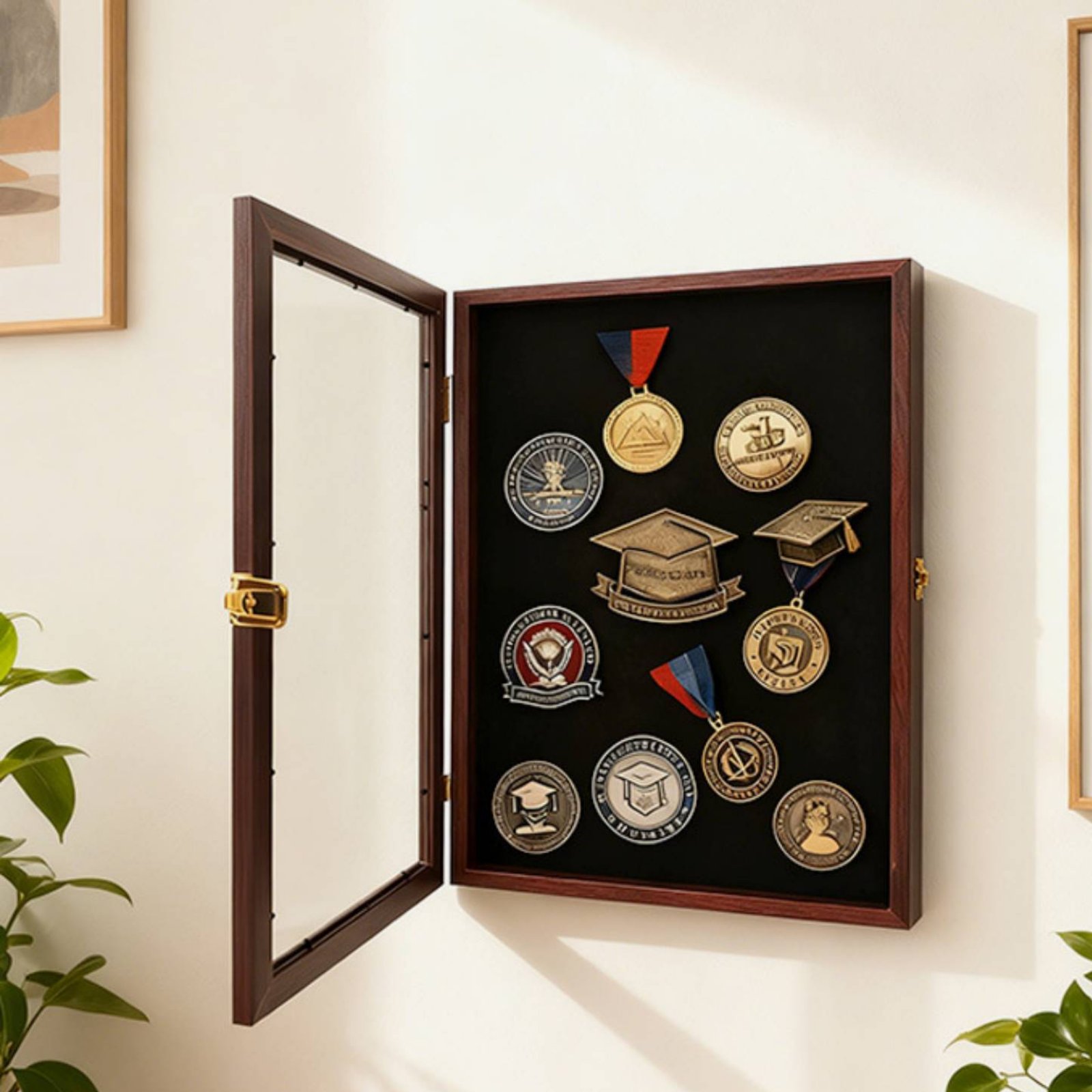 Frame Display Wood - Abzeichen-Präsentationsrahmen Transparenter Vorderseiten-Medaillenrahmen Abzeichen-Sammelbox Staubdichte Wandmontierte